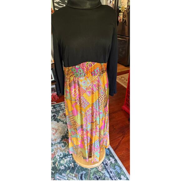 Vintage 60s 70s Black Bright Orange Pink Psychedelic Hippie Maxi Dress Med Large - Picture 1 of 7